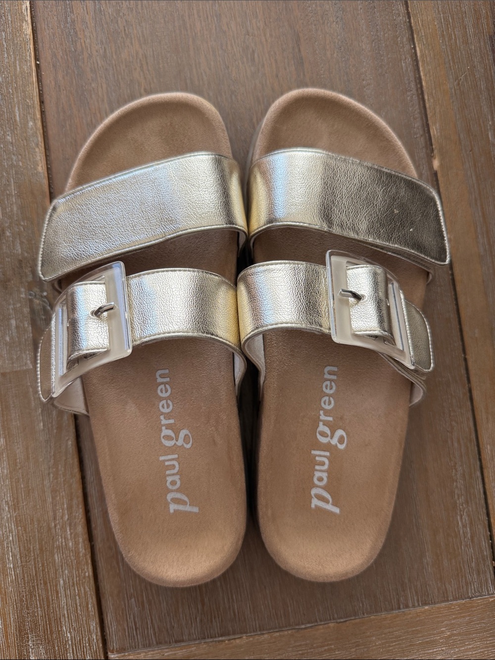 Paul Green US 8 Aloha Slide Leather Sandals Metallic Gold Double-Band NWOT